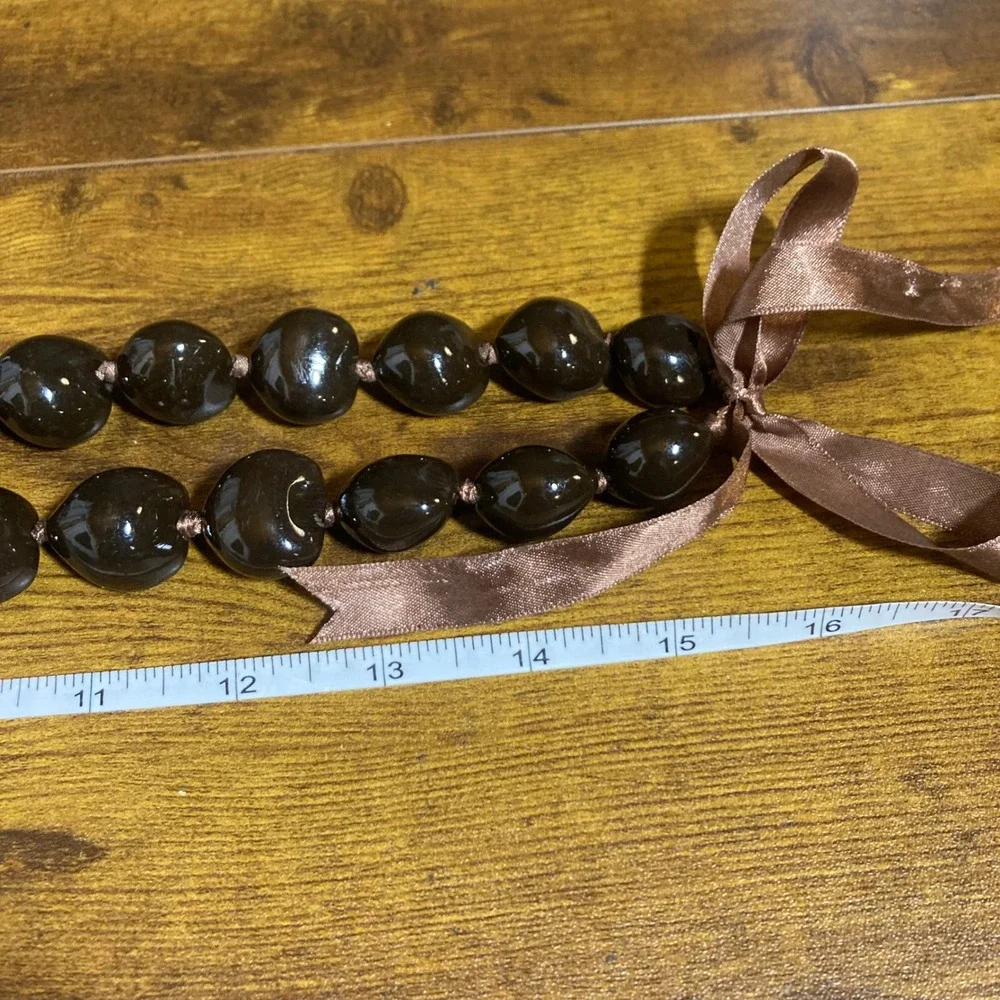 Vintage Hawaiian Kukui Nut Lei Necklace Polished Dark Brown Ribbon Tie 32in
